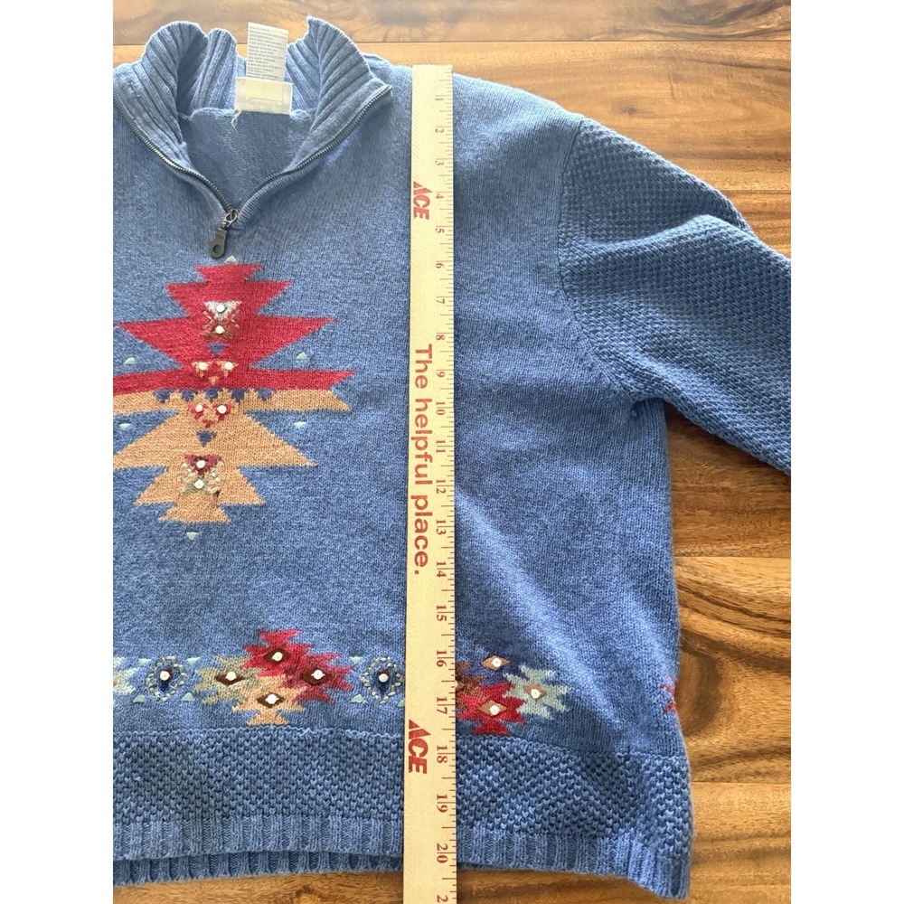 VTG Cricket Lane Collection Aztec  1/4 Zip Blue Sweater  Cotton Blend Size Med. - Picture 6 of 7